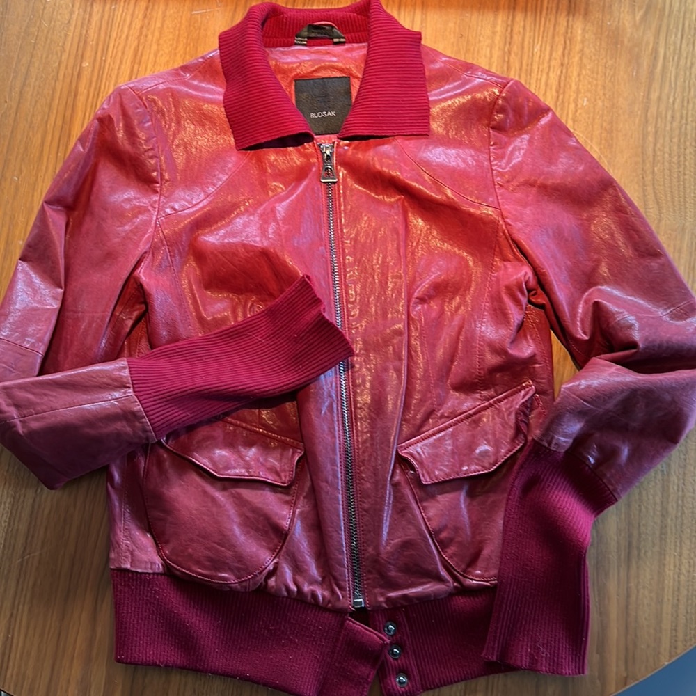 Rudsak vintage red leather jacket size small with sweater cuffs